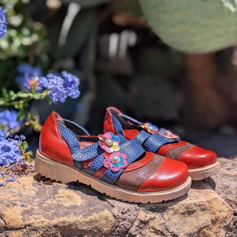 Socofy Colorful Leather Embossed Flower Mary Jane Comfort Shoes Size 6.5
